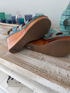Bed Stu Turquoise Leather Wedge Sandals